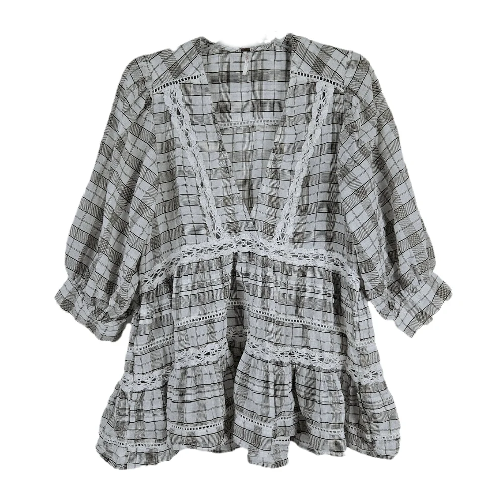 Free People Time Out Lace Shirt Womens Ivory Gray Plaid Tiered Boho Oversized XS